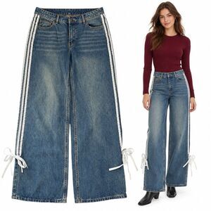 Telepatia Jeans Womens 7 28 Blue Wide Leg Side Stripe Lace Up Y2K 30 Inseam